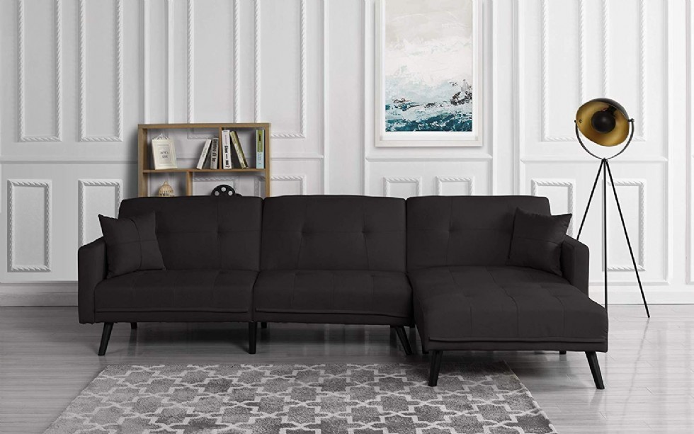 Kodu: 8055 - Siyah Modern L Köşe Koltuk Takımı Oturma Odası Yatak Şezlonglu Futon K